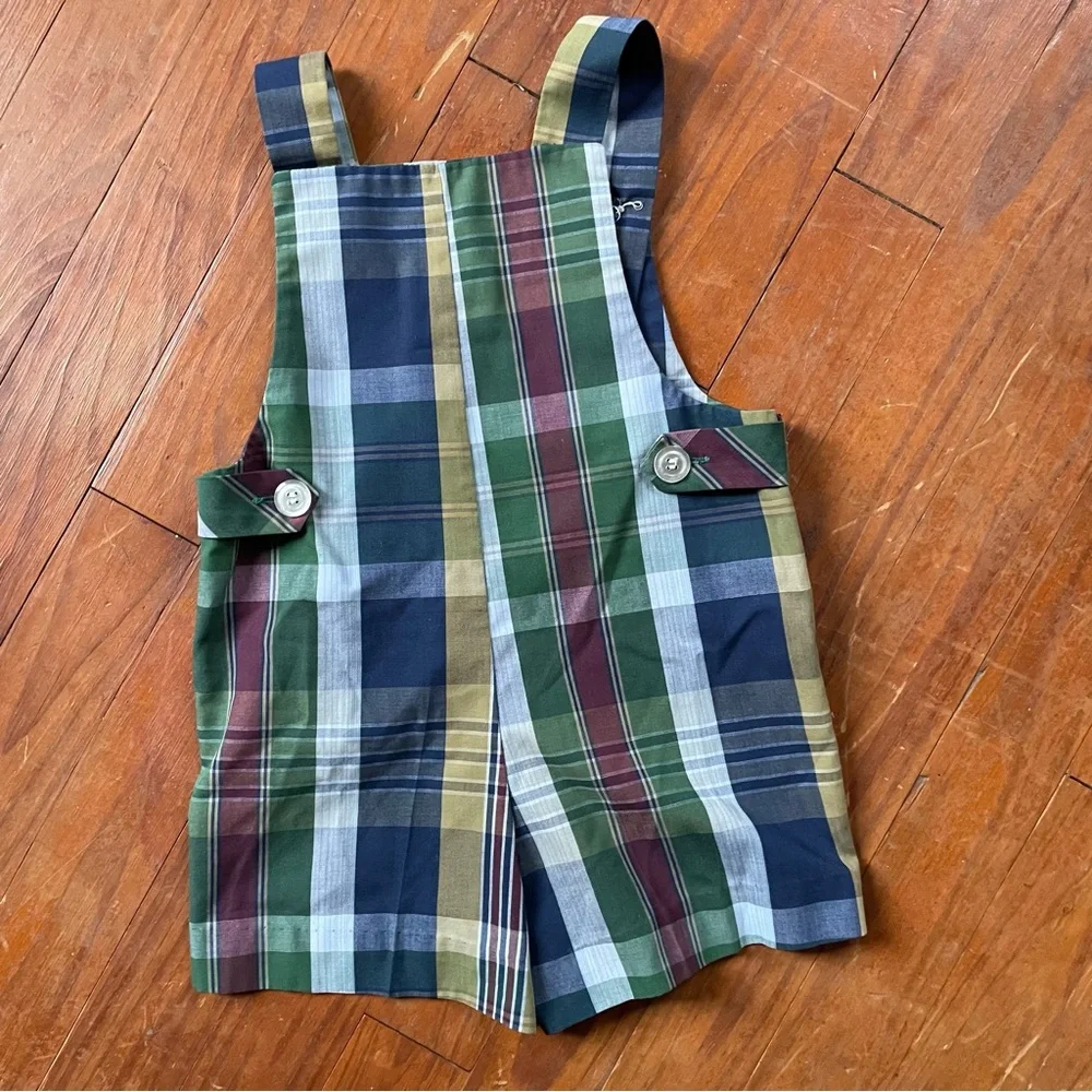 Vintage 60s Healthtex Matching Sibling Pair Toddler Plaid Shortalls, 2T & 3T